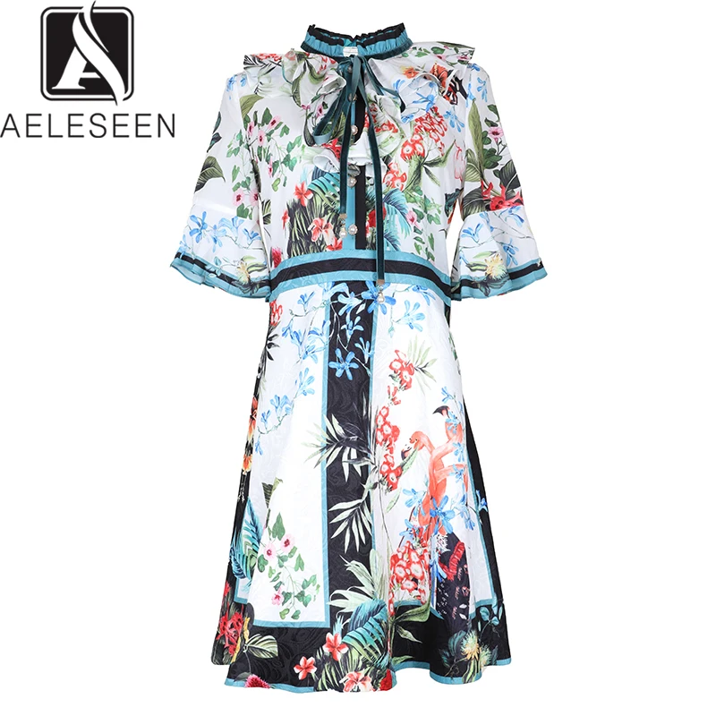 

AELESEEN Fairy Runway Print Dresses Women Luxury Ruffles Elegent Flare Sleeve Pearl Buttons Autumn New Vintage Floral Mini Dress