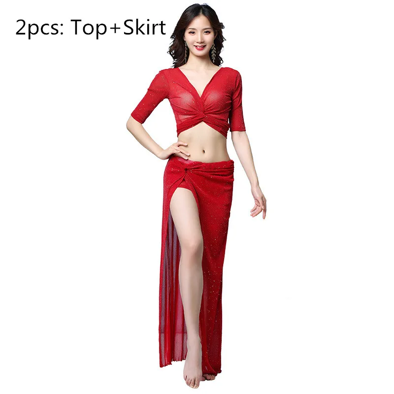 2pcs Red Новая модная женская Одежда для танцев набор костюма для танца живота эластичный Топ для танца живота комплект из 3 предметов Топ Холтер Юбка для танца живота - Цвет: 2pcs Red