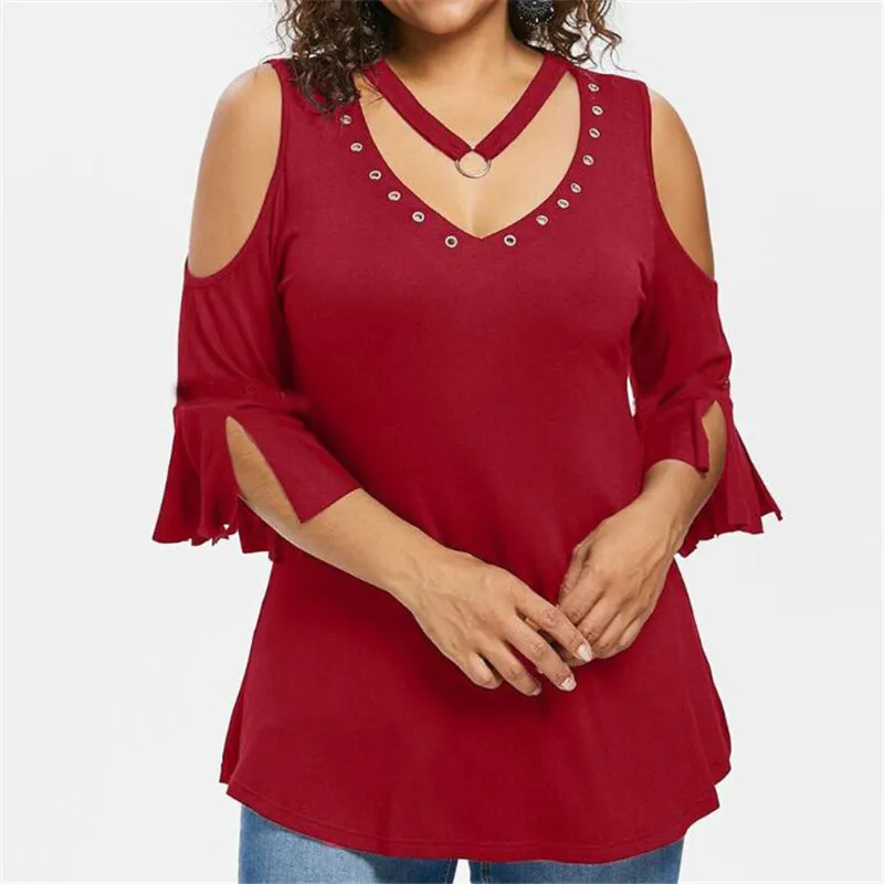 Half Sleeve Cotton Tees Tops Women Fashion V Neck Tops Tees Women Elegant Solid Tops Tees Female Ladies - Цвет: red