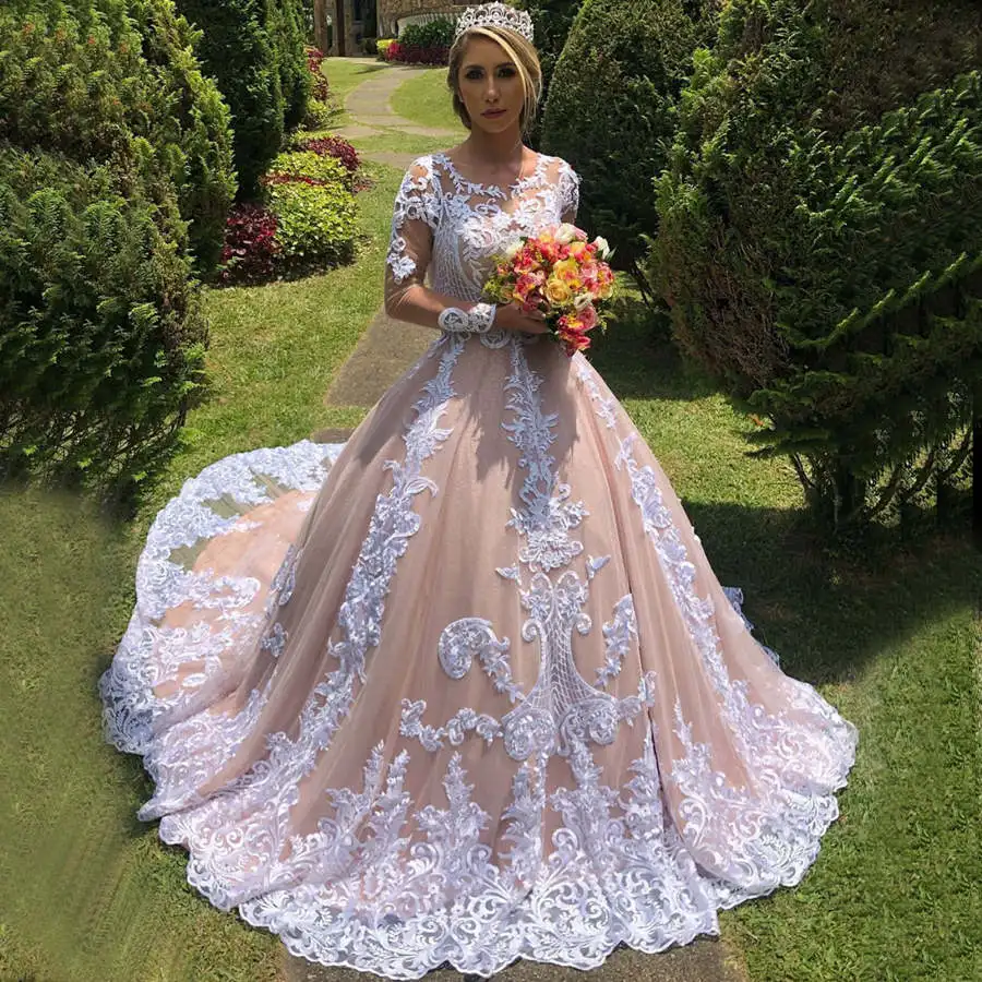 Vestidos de Noiva бальное платье с кружевной аппликацией, свадебное платье, цвета шампанского, с длинными рукавами, пышное свадебное платье из тюля, платья, Casamento Mariage