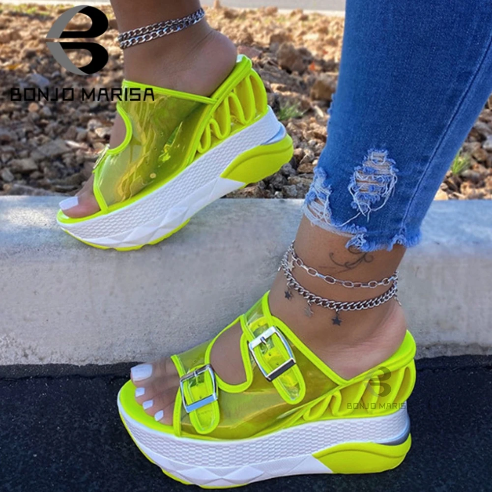 

BONJOMARISA New Arrival Fashion Summer INS High Wedges Sandals Women 2020 Brand Casual Bright Colors Platform Beach Shoes Woman