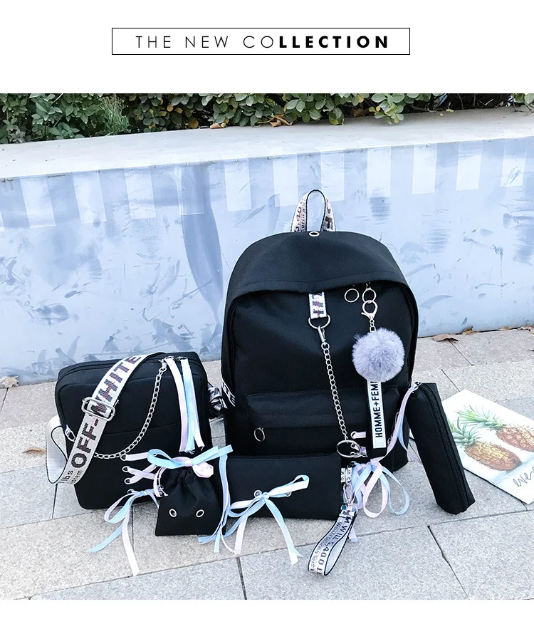 Chain Canvas female book bag backpack 5pcs/set school bag schoolbag travel pack fashion Tassel women teenage teenagers girl