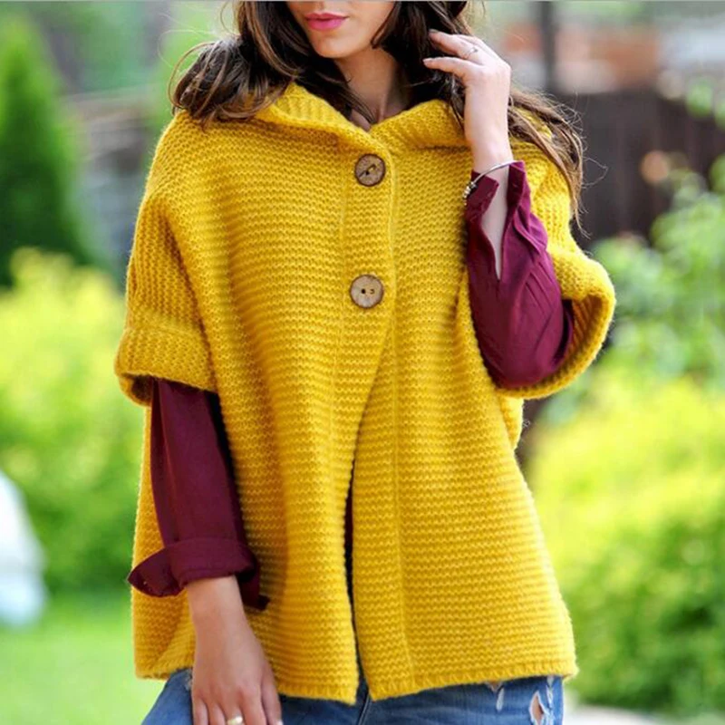 Женский осенне-зимний свитер пальто свободный с капюшоном сплошной цвет вязаный кардиган большого размера короткий рукав свитер пальто s473