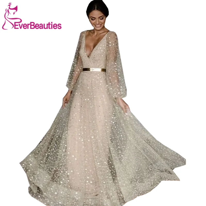 Vestido De Noiva Свадебные платья с длинными рукавами Блестящие Блестки v-образный вырез богемное свадебное платье Платье трапециевидного силуэта De Mariee