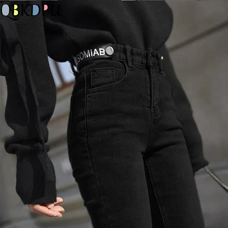 Женские узкие джинсы с высокой талией винтажные черные эластичные