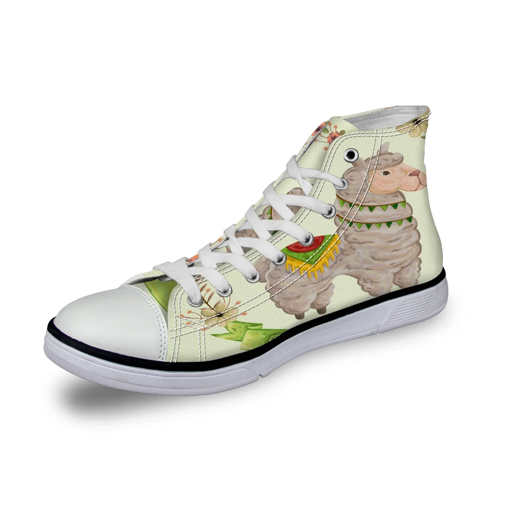 

WHEREISART Women Canvas Shoes Lalma Alpaca Dots Zoo Poster High Top Flats Unisex Vulcanized Shoes Female Casual Shoes Sneakers