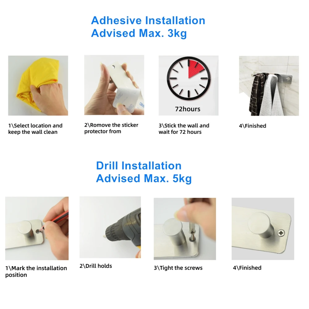 1Pack Edelstahl Mantel Haken Schraube-in & Stick-auf Rostfrei Mantel Racks für Wand Montiert, tür Kleiderbügel für Schlafzimmer – Detail 5