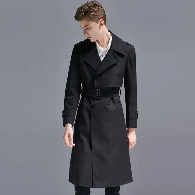 Новое мужское длинное пальто больших размеров 6xl, однотонное двубортное британское Мужское пальто с поясом, модные новые куртки, мужской Тренч - Цвет: BLACK