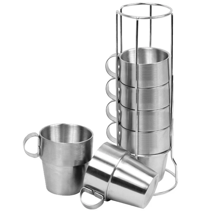Stainless Steel Cup Water Tea Coffee Cup with Stackable Rack Outdoor Camping Hiking Picnic Bar Family Use 6 Cups with Storage Ba