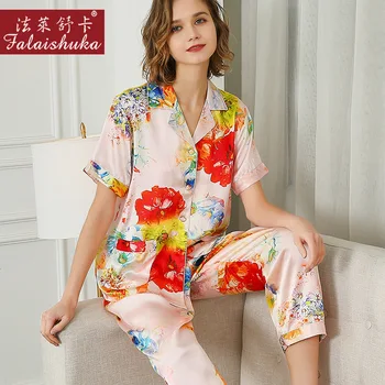 

100% Natural Silk Pajama Sets Female Summer Real Silkworm Silk Sleepwear Short Sleeve Printed Women Pyjamas T8239