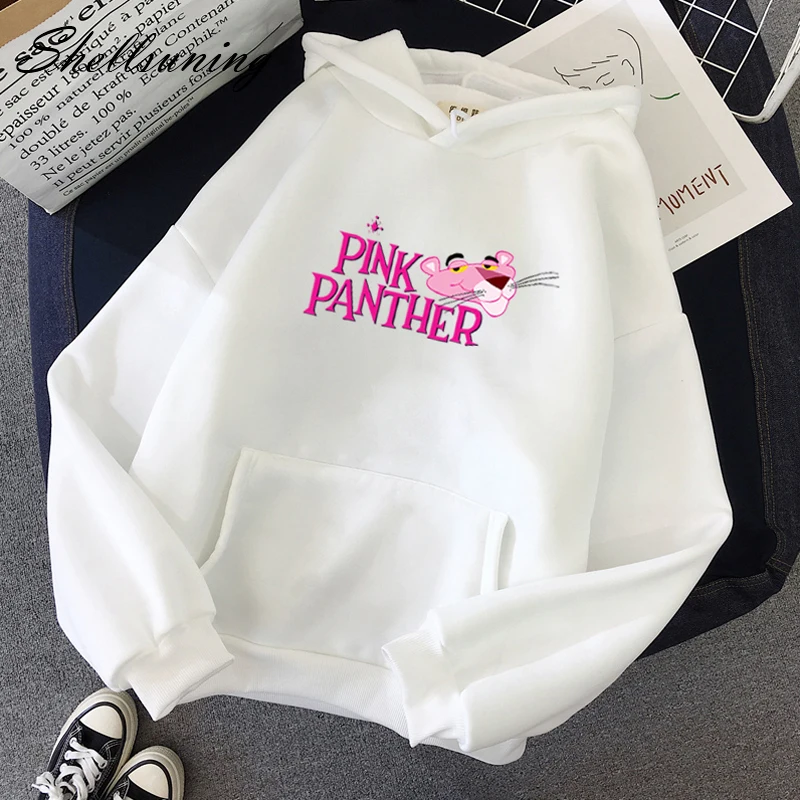 

Shellsuning Printed Hoodies Women Korean Autumn Winter Fleece Hooded Pink Panther Sweatshirts Harajuku Funny Kawaii Clothing