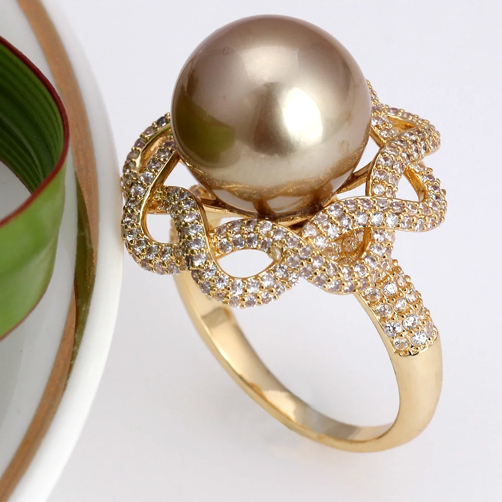 Gold color Новинка, модные очаровательные кольца с крупными жемчужинами, высокое качество, роскошный медный материал, два тона, кольцо на палец для женщин - Цвет основного камня: Gold color