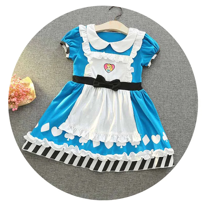 

Little Kids Dress for Girls Summer Short Sleeve Clothes Children Blue White Colour Costume Halloween Christmas Accessories Wig
