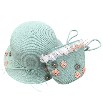 

Straw Sun Hat Bag Set, Cute Bow Summer Beach Flower Bow Lace Sun Cap And Handbag For Kids Girls Green