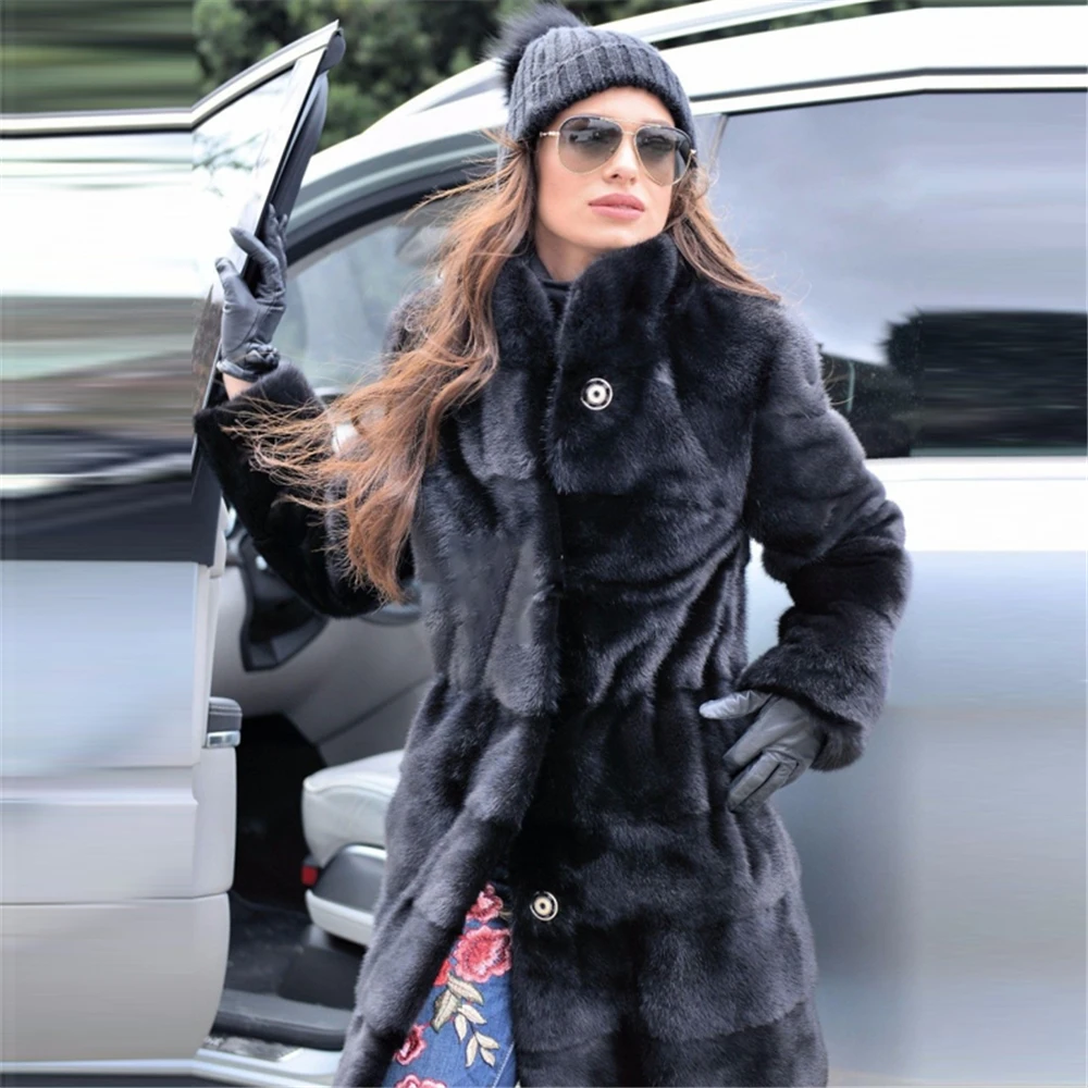 Tatiana Furclub модное черное пальто из натурального меха Женское зимнее пальто из натурального меха норки тонкий воротник Мандарин Длинные рукава Черный