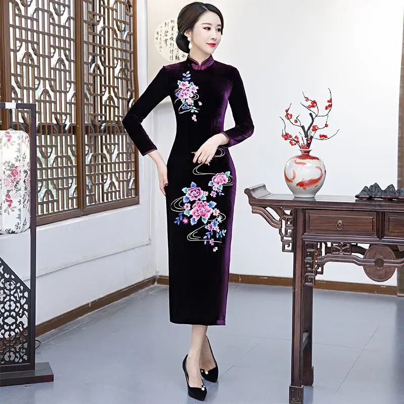 Сексуальная леди вышивка Qipao элегантный бархат китайский стиль Тонкий Формальное вечернее платье Бургундия зима теплый велюр Cheongsam Vestidos - Цвет: Style3 Purple