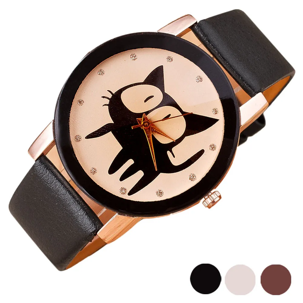 

Ladies Quartz Watch Cat Pattern Quartz Watch Fashion Simple Crystal Pure Color Imitation Leather Quartz Watch   50*