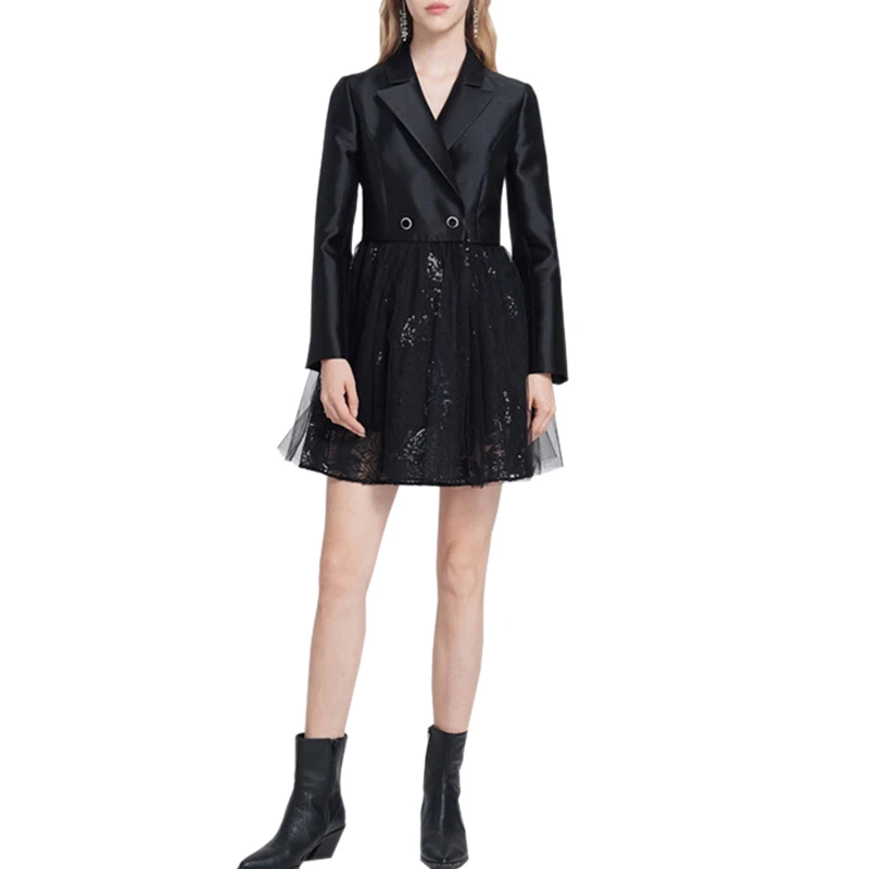 

2019 winter black notched collar long sleeve mini women plus size dress mesh see through sequin high waist ball gown dress