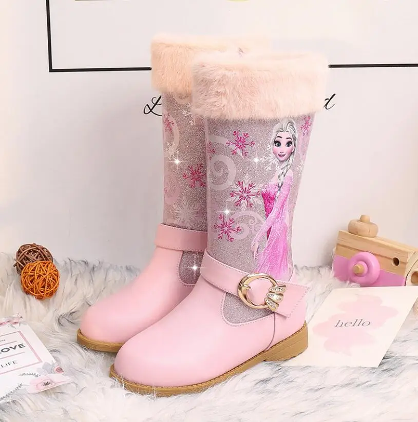 Light Pink Детская обувь; Детские Мультяшные сапоги принцессы Эльзы; качественные кожаные зимние сапоги с меховой подкладкой; новые теплые сапоги до колена для девочек - Цвет: Light Pink