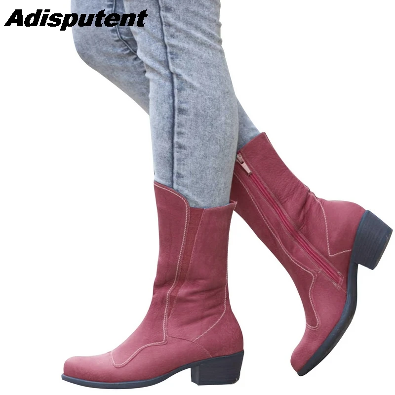 Adisputent сапоги из натуральной кожи; женские демисезонные сапоги; сапоги до середины икры из коровьей кожи; Botines mujer; обувь размера плюс 53