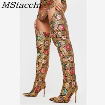 

MStacchi Sexy blacknet structure thigh high boots Ball boots with pointed toes and thin heels After the zipper scarpe donne