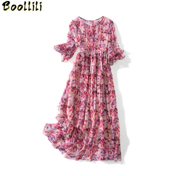 

Boollili Summer Dress Real Silk Dresses Women Clothes 2020 Boho Casual Floral Long Dress Ladies Elegant Ruffles Vestidos