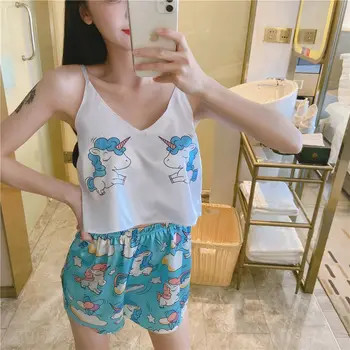 

Unicorn Print Lovely Cartoon Sleepwear V Neck Sexy women's pajamas Spaghetti Strap Loose Satin Pajamas women's home clothes