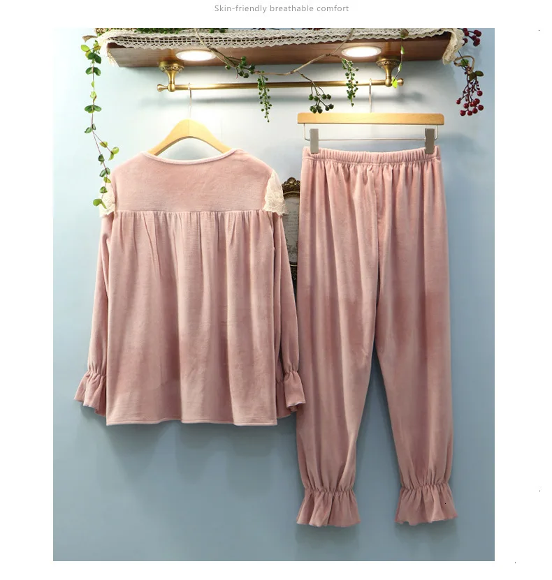 SP&CITY High Quanlity Patchwork Lace Pajamas Female Winter Ruffles Cuff Women's Warm Pajamas Home Clothing Sleepwear Lingerie