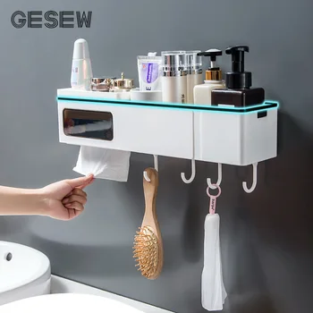 

GESEW Punch-free Shelves For Kitchen Organizer Bathroom Multi-function Rack With Hooks Shampoo Holder Box Bathroom Accessories