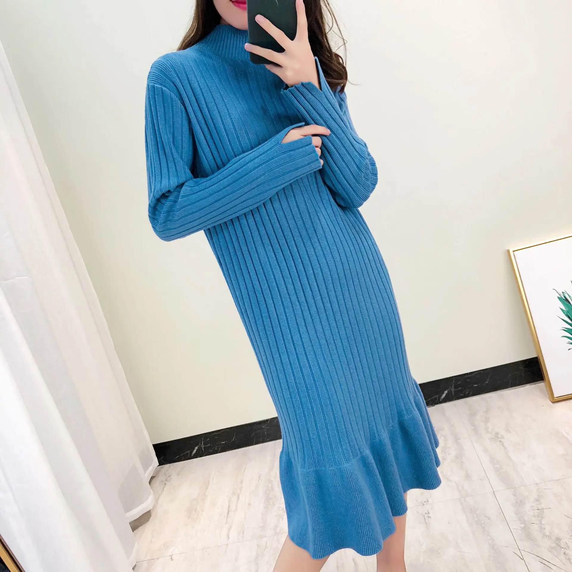 

2019 Autumn Winter Long Sleeve Pullover Sweater Turtleneck Dress Women Long Cascading Ruffle Office Lady Straight Knitted Dress
