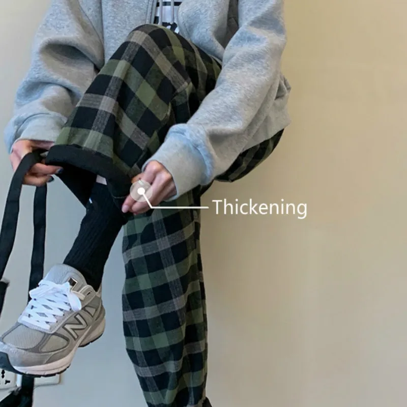 Клетчатые женские штаны Harajuku, спортивные штаны, корейский стиль, Утепленные зимние брюки, женская уличная одежда, Осенние студенческие популярные новые тренды