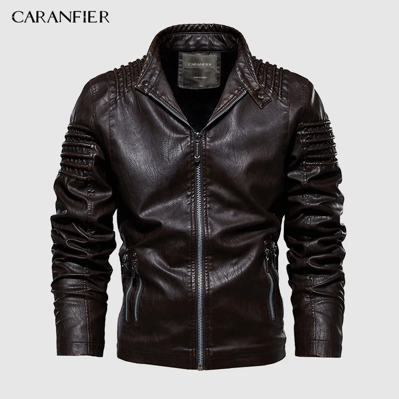 Coffee CARANFIER, мужские кожаные куртки, пальто, Осень-зима, мужская мода, мотоциклетная искусственная куртка, пальто, мужская повседневная куртка высокого качества из искусственной кожи - Цвет: Coffee