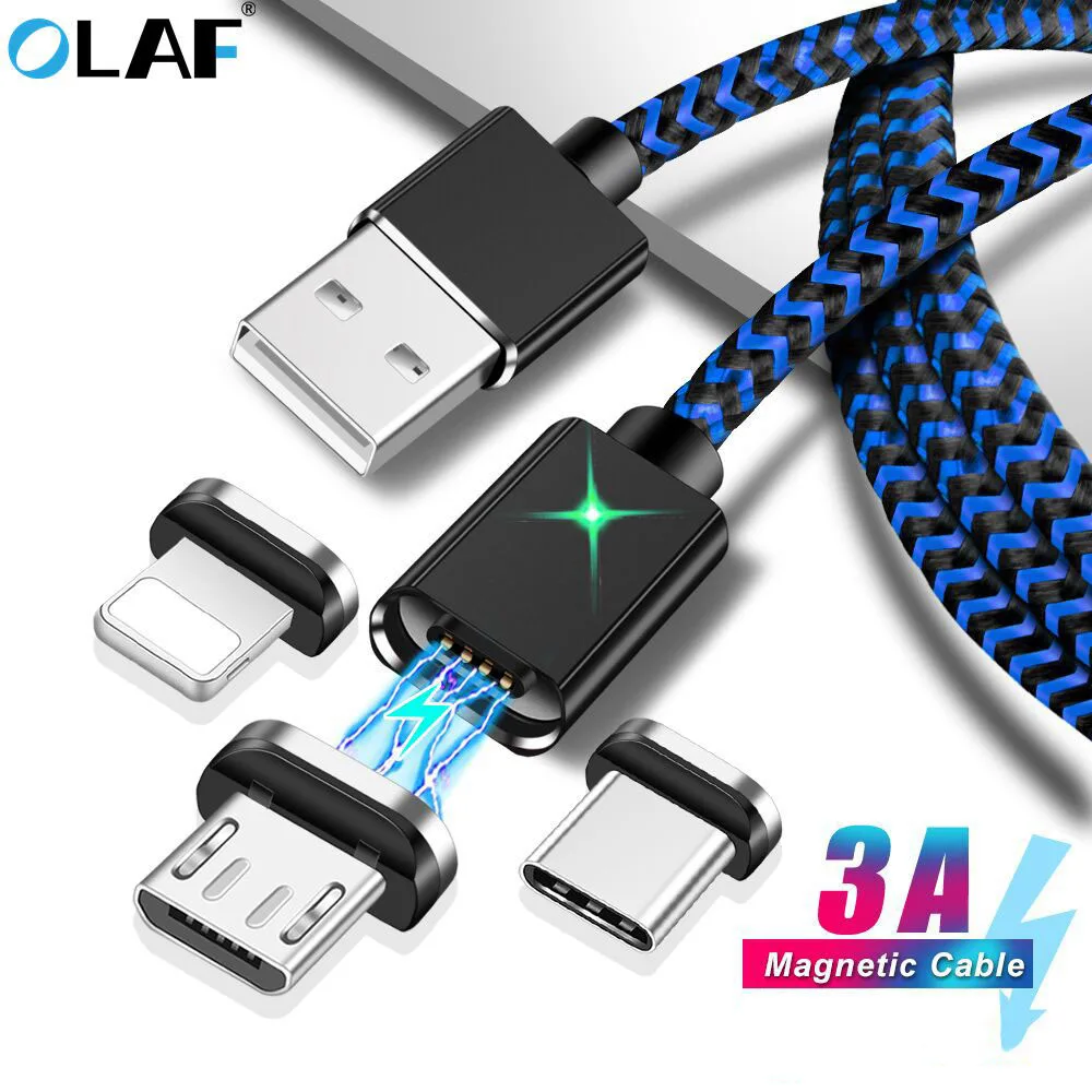 

OLAF 3 in 1 LED Magnetic USB Cable For iPhone Micro USB Type C Magnet Cable 3A Fast Charging Sync Data Cables Quick Charge Cord