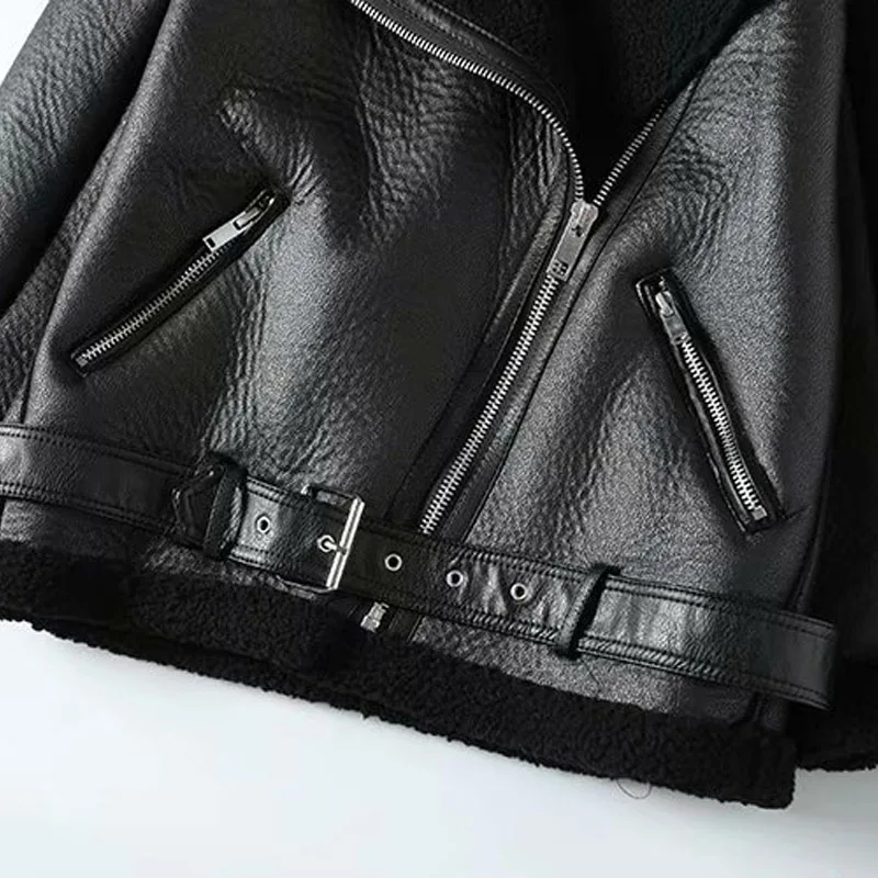 Za Fur Long Sleeved Loose Belt Warm Women's Jacket Lamb Wool Winter Thickened Locomotive Lapel Female Coat Beige Black Chic PU