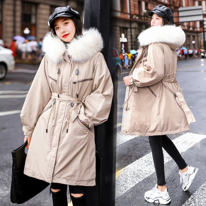 

Autumn And Winter New Style down Jacket Women's Korean-style Mid-length Loose-Fit Waist Hugging Slimming Lambs Wool Warm Fur Col