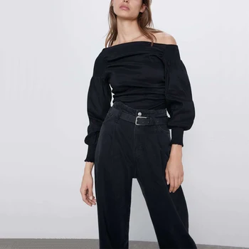 

Autumn women's shirt casual solid color strapless asymmetric shirt