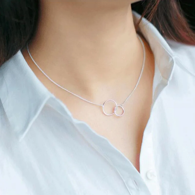 Double Circle Interlock Clavicle Short Necklace Silver Color Necklace For Women - Image 2