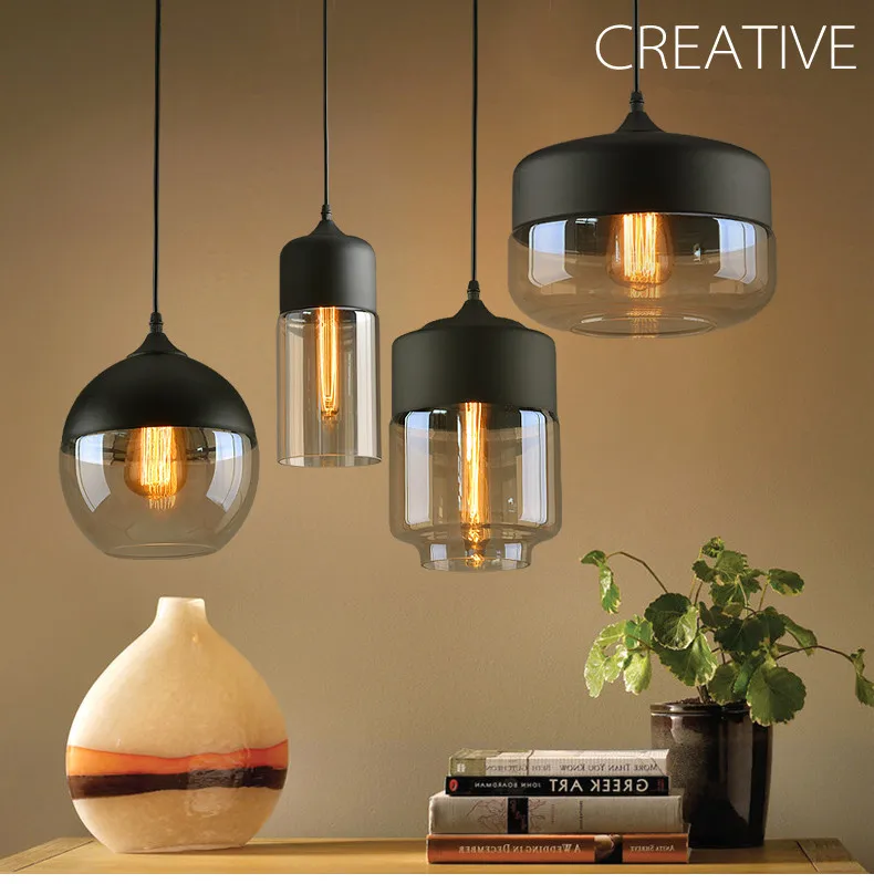 Preise Metall Industrie Glas Anhänger Licht Schwarz Loft Bar Zähler Esszimmer Persönlichkeit Kreative Glas Decke Hängen Lampe