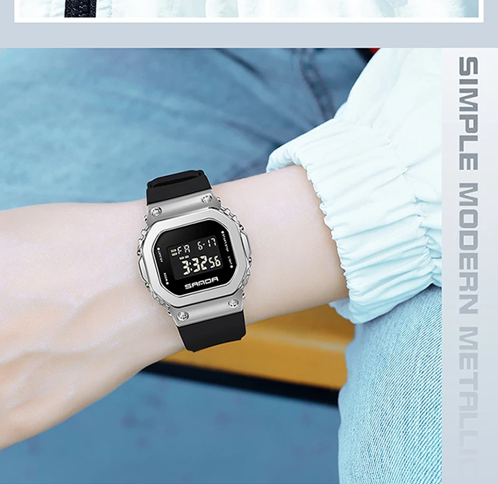 SANDA Brand 9006 Wristwatch Woman Metal Square Shape Couple Watch 5ATM Waterproof Electronic Digital Watches Ladies Clock Male