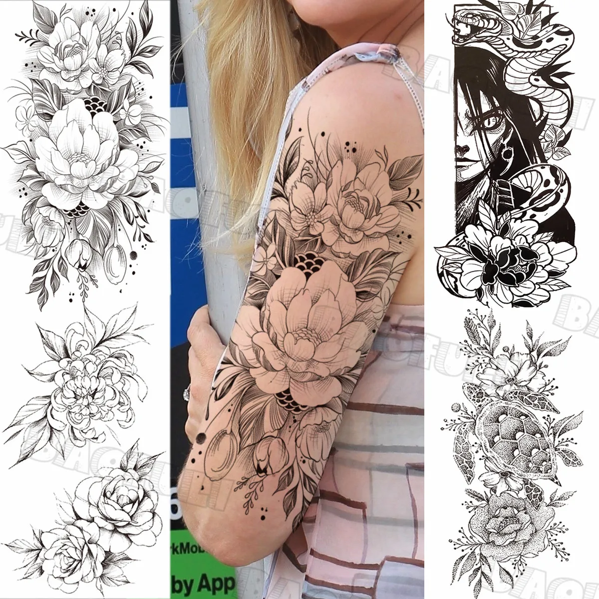 

Черные временные татуировки с большим лотосом для женщин и девушек, черепаха-роза, искусственная татуировка, наклейка, реалистичное боди-арт, искусственная бумага для бедер