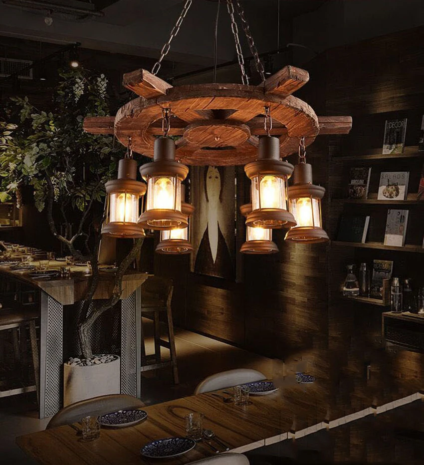 Американский винтажный промышленный ветер люстра освещение дерево кухня кафе бар Luminaria Украшение Блеск деревенский прихожей люстры