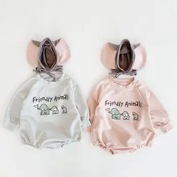 

2020 Autumn Baby Girl Boy Clothes Outfit Cartoon Print Long Sleeve Bodysuit Cotton Newborn Baby Jumpsuit With Hat