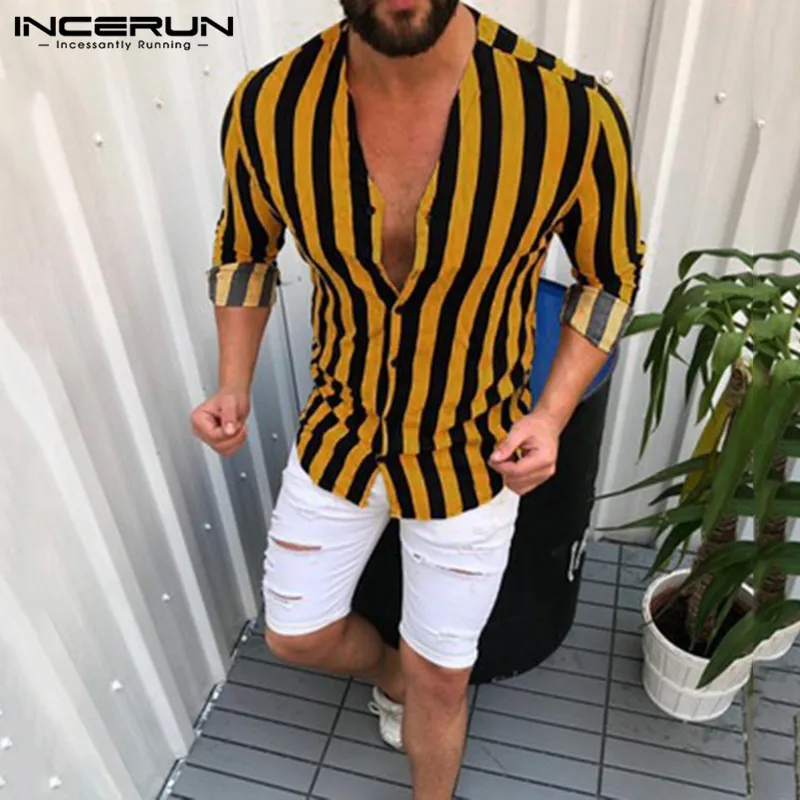 

Men Striped Shirt Fashion Long Sleeve Fitness 2020 Brand Button Blouse V Neck Autumn Casual Business Shirts Men Camisa INCERUN