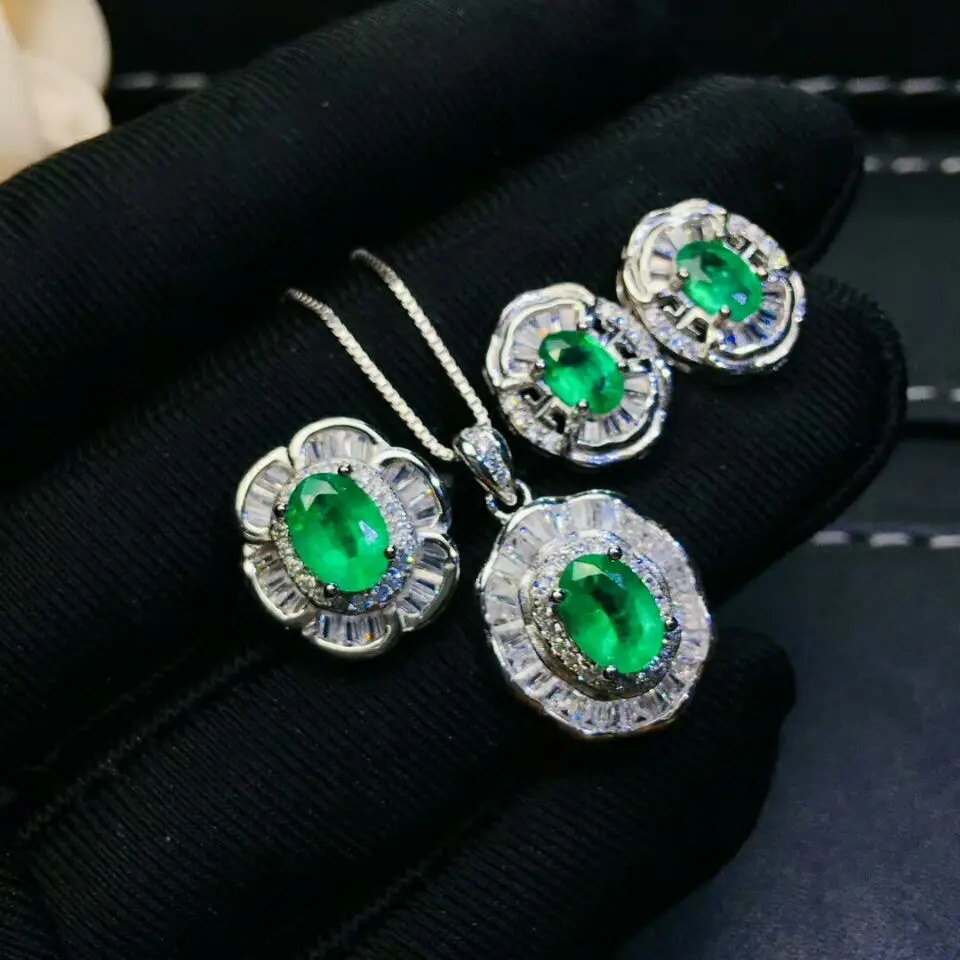 

MeiBaPJ Luxurious Natural Columbia Emerald Gemstone Jewelry Set Real 925 Sterling Silver Green Stone Wedding Jewelry for Women