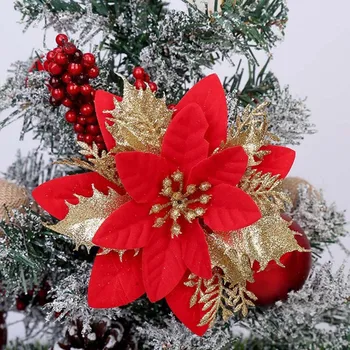 

(5pcs) Artificial Christmas Flowers Glitter Tree Decorations Xmas Ornaments New Year Gift