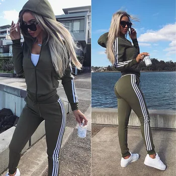 

Woman Clothing Tracksuit Two Peice Set for Women Hooded Zipper Cardigan and Sports Pants Set Autumn Female Striped Yoga Fitness