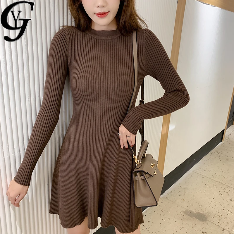 

2020 Autumn Winter Knitted Dress Women Casual Turtleneck Llong Sleeve A Line Midi Dress Elegant Solid Outwear Knitwear Vestido