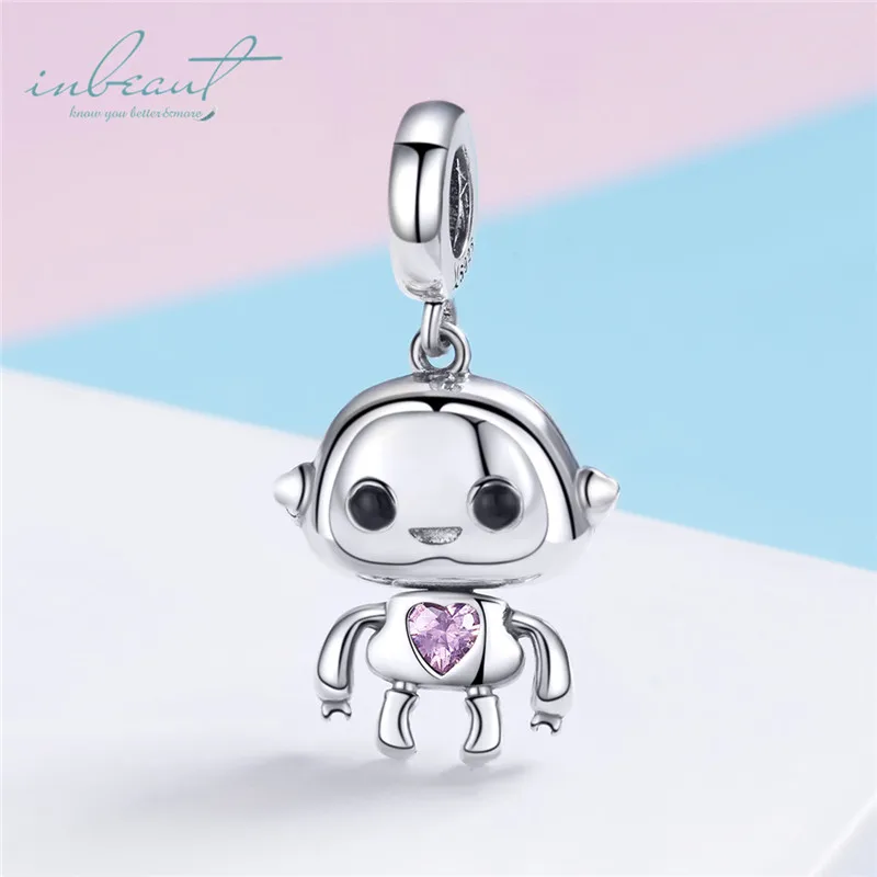 S925 серебро fit Pandora браслет маленький мальчик робот талисманы 925 Розовый циркон сердце дети игрушечный Бисер для цепочка ручная работа ювелирные изделия