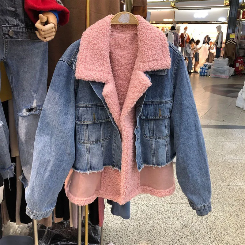 

Women Winter Autumn Faux Fur Liner Denim Jacket Female Fall Fleece Motorcycle Biker Jean Jacket Ladies Short Coat Wiindbreaker