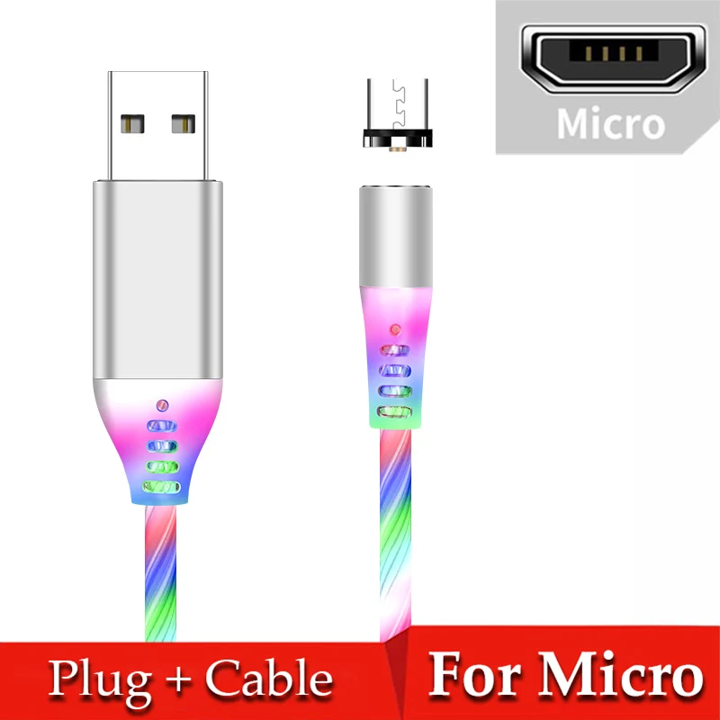 Colorful for Micro Магнитный кабель type C Магнитный светодиодный светильник Micro usb провод шнур USB C поток светящийся Быстрая зарядка для iPhone 11Pro XR samsung - Цвет: Colorful for Micro